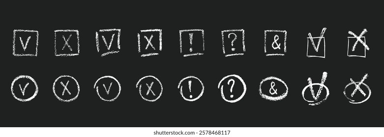 Hand drawn grunge texture tick, mark, checkboxes, correct or wrong symbols set. Chalk or crayon effect vector elements isolated on black background for underline in business presentation, checklist