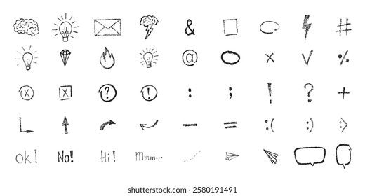 Hand drawn grunge texture tick, mark, checkboxes, correct or wrong symbols set. Chalk or crayon effect vector elements isolated on white background for underline in business presentation, checklist