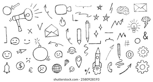 Hand drawn grunge texture tick, mark, checkboxes, correct or wrong symbols set. Chalk or crayon effect vector elements isolated on white background for underline in business presentation, checklist