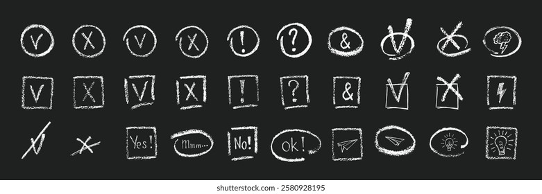 Hand drawn grunge texture tick, mark, checkboxes, correct or wrong symbols set. Chalk or crayon effect vector elements isolated on black background for underline in business presentation, checklist