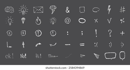 Hand drawn grunge texture tick, mark, checkboxes, correct or wrong symbols set. Chalk or crayon effect vector elements isolated on black background for underline in business presentation, checklist