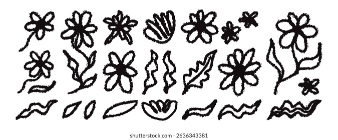 Hand drawn grunge textured brush black paint chamomiles vector set. Ink drawing flowers and leaves naive style primitive drawing. Black and white vector botanical Abstract blossom. Vector illustration