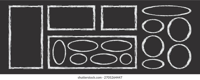 Conjunto de marcos de cuadro de texto texturizado grunge dibujado a mano. Rectángulos cuadrados de la pluma de la tinta colección de los óvalos. caja de la pintura, etiqueta del borde del círculo, marco del texto del pastel en textura áspera del pincel de la tiza.