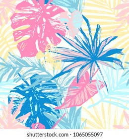 Hand drawn grunge textured tropical leaves seamless pattern. Tropical leaf silhouette elements background. Palm, fan palm, monstera, banana leaf in grunge retro style. Line art. Vector illustration