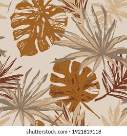 Hojas tropicales con textura de grano dibujado a mano, patrón sin fisuras. Fondo de elementos de silueta de hoja tropical. Palm, palmera de abanico, monstera, hojas de plátano en un estilo moderno y granulado. Ilustración de líneas