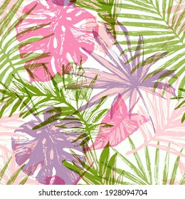 Hand drawn grunge textured tropical leaves seamless pattern. Tropical leaf silhouette elements background. Palm, fan palm, monstera, banana leaf in grunge retro style. Line art. Vector illustration