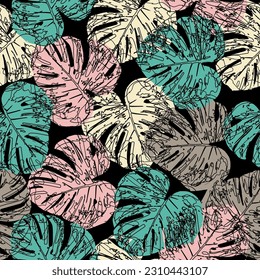 Hand drawn grunge textured tropical leaves seamless pattern. Cute and bright summer background.