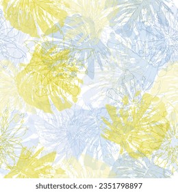 Hand drawn grunge textured tropical leaves seamless pattern. Tropical pattern, botanical leaf on white background. 