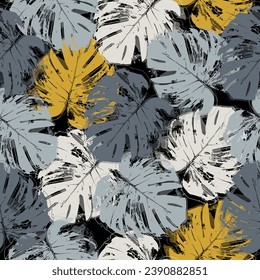 Hand drawn grunge textured tropical leaves seamless pattern.  Creative collage seamless patterns.