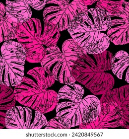 Hand drawn grunge textured tropical leaves seamless pattern.   philodendron leaf, modern colorful tropics background allover print, 