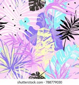 Hand drawn grunge textured tropical leaves seamless pattern. Tropical leaf silhouette with minimal elements background. Palm, fan palm, monstera, banana leaf. Line art. Vector illustration