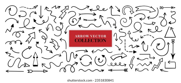 Colección de iconos de flecha de vector grunge dibujada a mano en estilo moderno sobre fondo blanco para el diseño web. Puntero del ratón, navegación o símbolo del ciberespacio para los medios sociales. Pinza de pincel de Doodle para negocios