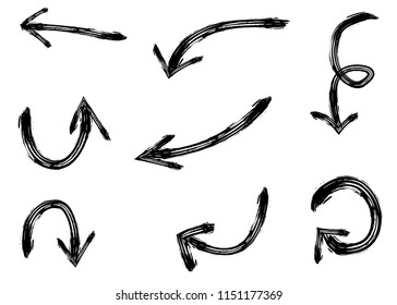 Hand drawn grunge vector arrows. Dry paint brush strokes
