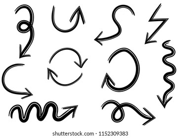 Hand drawn grunge vector arrows. Dry paint brush strokes