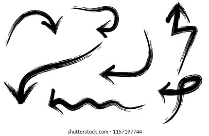 Hand drawn grunge vector arrows. Dry paint brush strokes