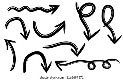 Hand drawn grunge vector arrows. Dry paint brush strokes