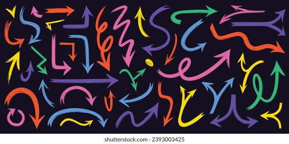 Hand drawn Grunge vector arrows. Dry paint brush strokes direction pointers collection