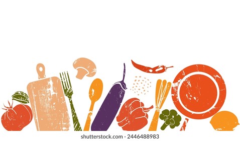 Hand drawn grunge vector illustration of healthy food and kitchen utensils isolated on white background. Culinary horizontal poster. 