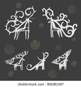 Hand drawn grunge vector illustration with deers. 