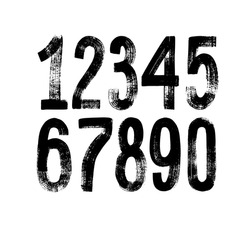 Hand Drawn Grunge Vector Numbers. Dirty Textured Font. Black Ink Characters Isolated On White Background. Dirty Painted Numbers Set. Dry Brush Texture. Typography Vector Elements.