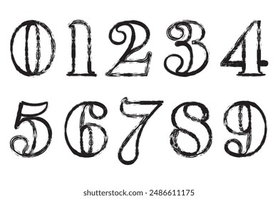 Hand drawn grunge vector numbers. Dirty textured font. Black ink characters isolated on white background. Dirty painted numbers set. Dry brush texture. Typography vector elements.