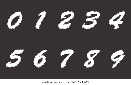 Handgezeichnete farbige Vektornummern. Schmutzige, strukturierte Schriftart. Schwarze Tintenzeichen einzeln auf weißem Hintergrund. Schmutzig gemalte Zahlen gesetzt. Textur des trockenen Pinsels. Typografische Vektorelemente. Vektorhintergrund .