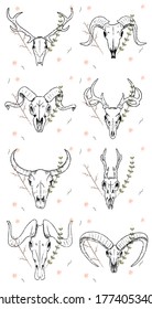 Hand drawn grunge vintage animal skulls deer buffalo set collection vector element