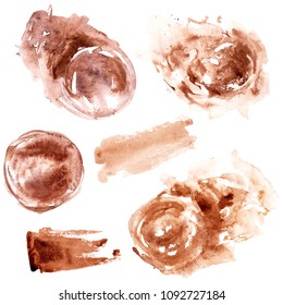 Hand drawn grunge watercolor textures. Coffee stains and strokes. For food and drink background or coffee menu design.
