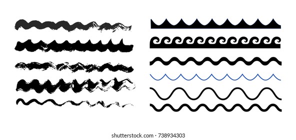 Hand drawn grunge waves and simple waves. (Isolated, vector) 