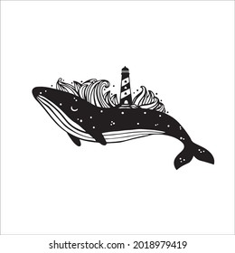 Hand drawn grunge whale. Whale with lighthouse om white background.