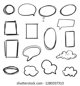 Hand drawn grungy frames on white. Abstract frameworks. Line art. Set of different shapes. Black and white illustration. Doodles for artwork