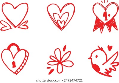 Hand drawn grungy heart. Red beloved hearts for date invitation, drawing valentines or sweetheart flirt gift cards. Heart in love painted by grunge brush for Valentine's Day card vector set