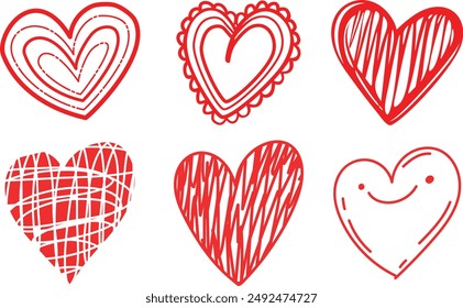 Hand drawn grungy heart. Red beloved hearts for date invitation, drawing valentines or sweetheart flirt gift cards. Heart in love painted by grunge brush for Valentine's Day card vector set