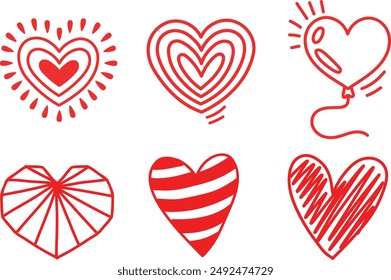 Hand drawn grungy heart. Red beloved hearts for date invitation, drawing valentines or sweetheart flirt gift cards. Heart in love painted by grunge brush for Valentine's Day card vector set