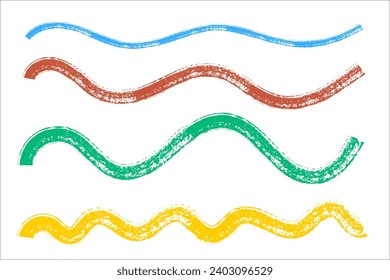 Hand drawn grungy wavy lines and squiggles. Colored red yellow green chalk charcoal underlines. Vector illustration isolated on white