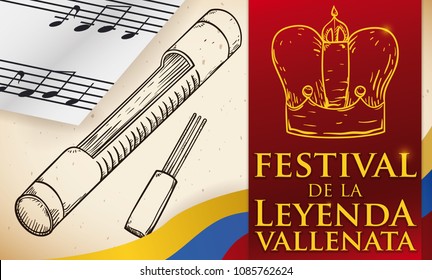 Hand drawn guacharaca and crown over red banner in banner with musical stave in paper and Colombian flag promoting Vallenato Legend Festival (written in Spanish).