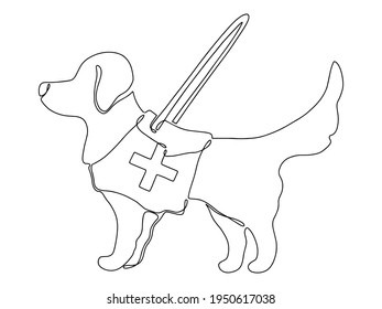 Perro guía dibujado a mano con mango largo y emblema atención médica. El recuperador de oro aislado en segundo plano. Diseñar para icono, firmar. Dibujo continuo de líneas. Ilustración vectorial de una línea.