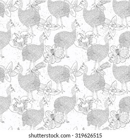 Hand drawn guinea fowl seamless pattern. Vector illustration.