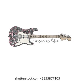 HAND DRAWN GUITAR MUSIC PAISLEY PRETTY CUTE MUSIC BAND PASTEL ROCK INDIE CARTOON SKETCH TSHIRT TEE PRINT FOR APPAREL MERCHANDISE