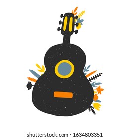 Hand drawn guitar silhouette with flowers. Country music concert vector banner template. Cultural entertainment. Musical instrument with notes. Shop, store poster design idea