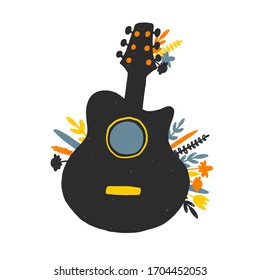 Hand drawn guitar silhouette with flowers. Country music concert vector banner template. Cultural entertainment. Musical instrument with notes. Shop, store poster design idea