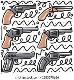 conjunto de doodle de pistolas dibujadas a mano con iconos y elementos de diseño