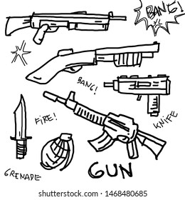 hand drawn gun, knife, and grenade doodle illustration vector isolated with white background