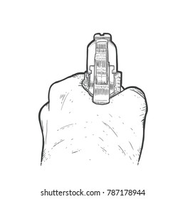 Hand drawn hand with gun, vector illustration