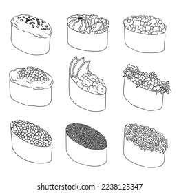 Hand drawn gunkan maki sushi clipart set. Japanese traditional cuisine dishes. Asian food