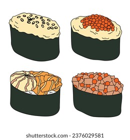 Hand drawn gunkan maki sushi clipart set. Japanese traditional cuisine dishes. Asian food