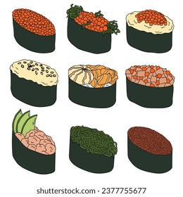 Hand drawn gunkan maki sushi clipart set. Japanese traditional cuisine dishes. Asian food