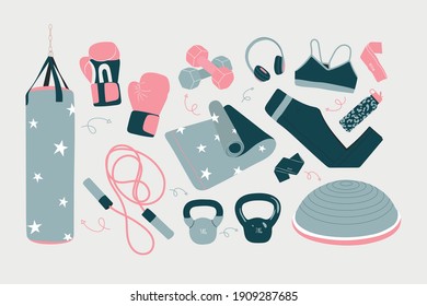 Hand drawn gym elements. Colored graphic vector set. White background. All elements are isolated