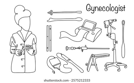 Hand drawn gynecologist doctor and medical instruments widely used in gynecology. A doctor who treats the female reproductive system. Vector illustration.