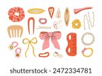 Hand drawn hair accessories. Female hair cartoon scrunchies, headbands, hair tie and elastic bands flat vector illustration set. Hair accessory doodle collection